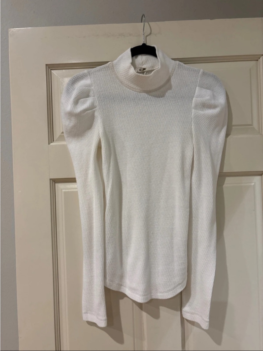 Free People White Puff-Shoulder Ribbed Turtleneck
